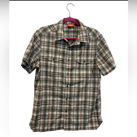 Merrell‎ Men’s Brown Orange Plaid Shirt Sleeve Button Down Shirt Size Medium EUC - Picture 1 of 5